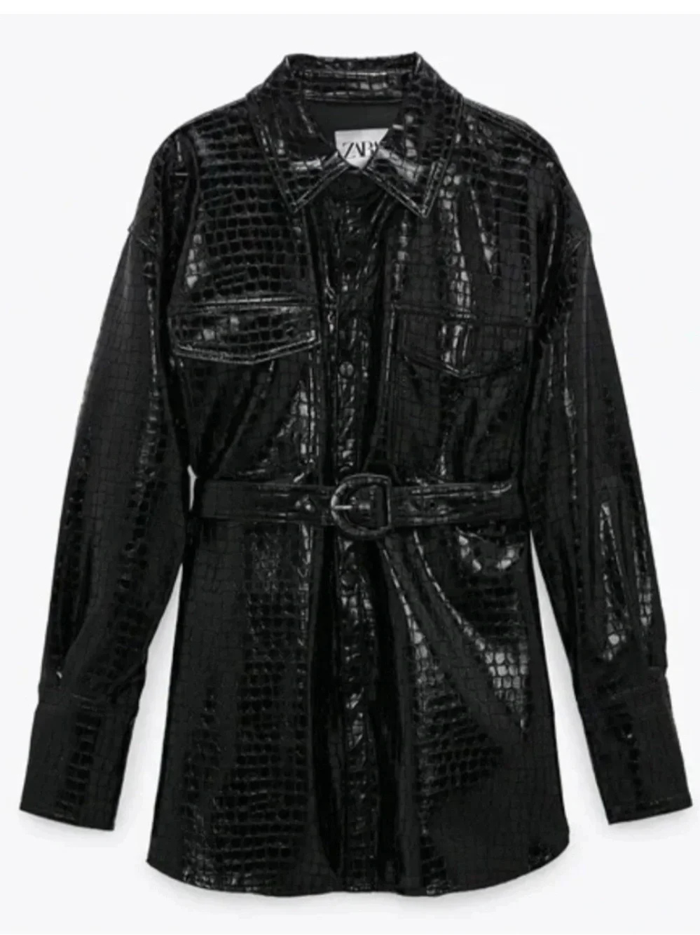 ZARA Black Faux Leather Croc Embossed Shirt Belted Jacket NWT